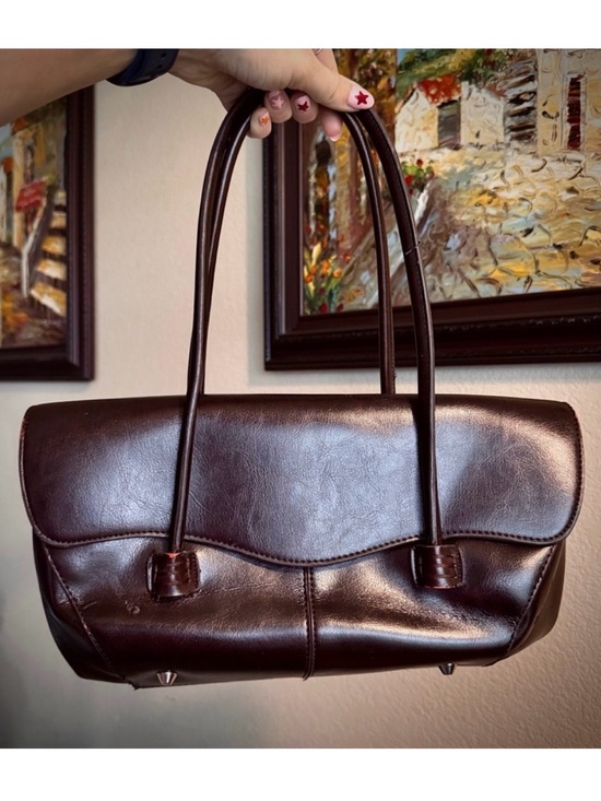 Vintage Handbags - Vintage Baguette Purse Cherry Black Red Leather Shoulder Bag